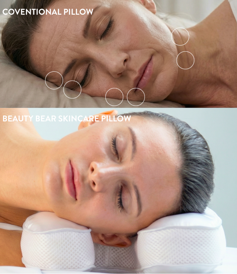 Woman sleeping on the Nurse Jamie Beauty Bear memory foam skincare pillow showing how the U-shape design cradles the face